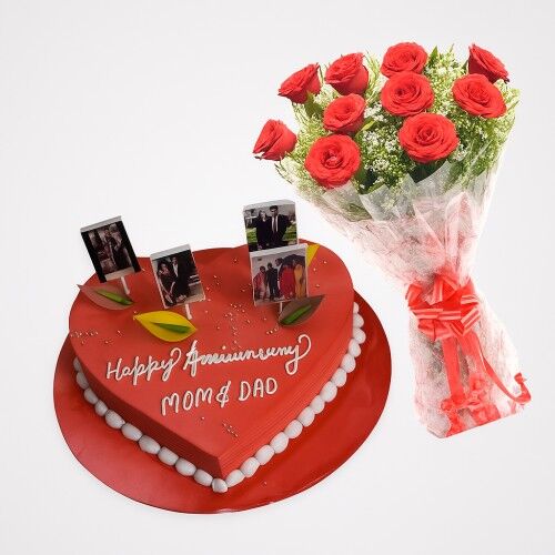 Anniversary Photo Cake with Bouquet