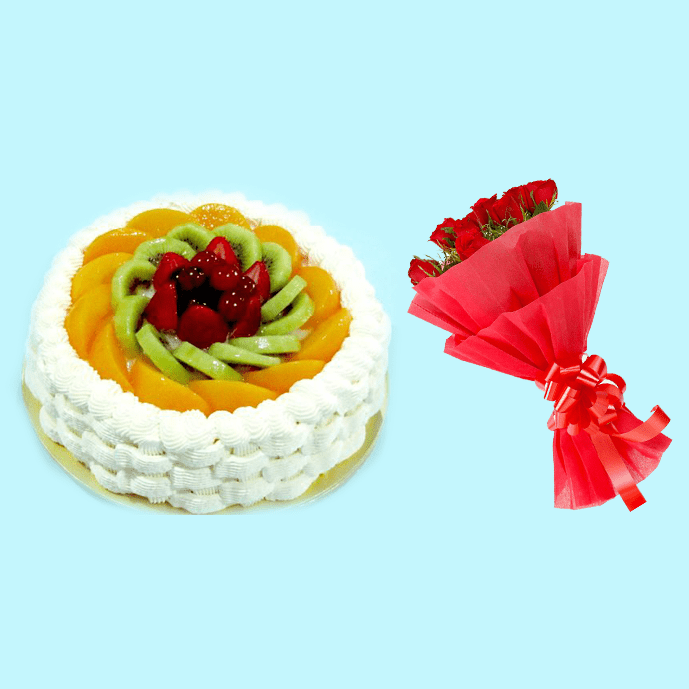 fruit cake with 10 roses bouquet