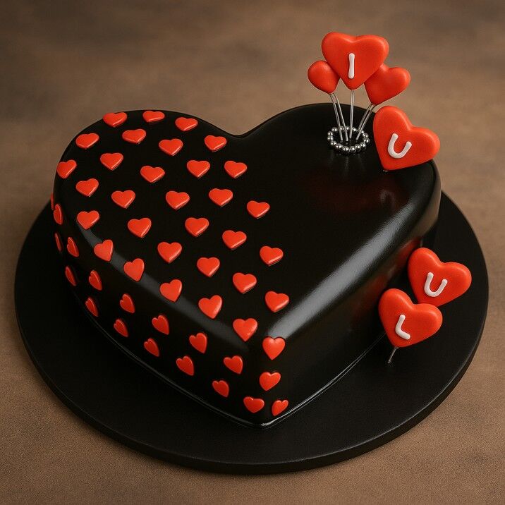 black and red heart shaped cake