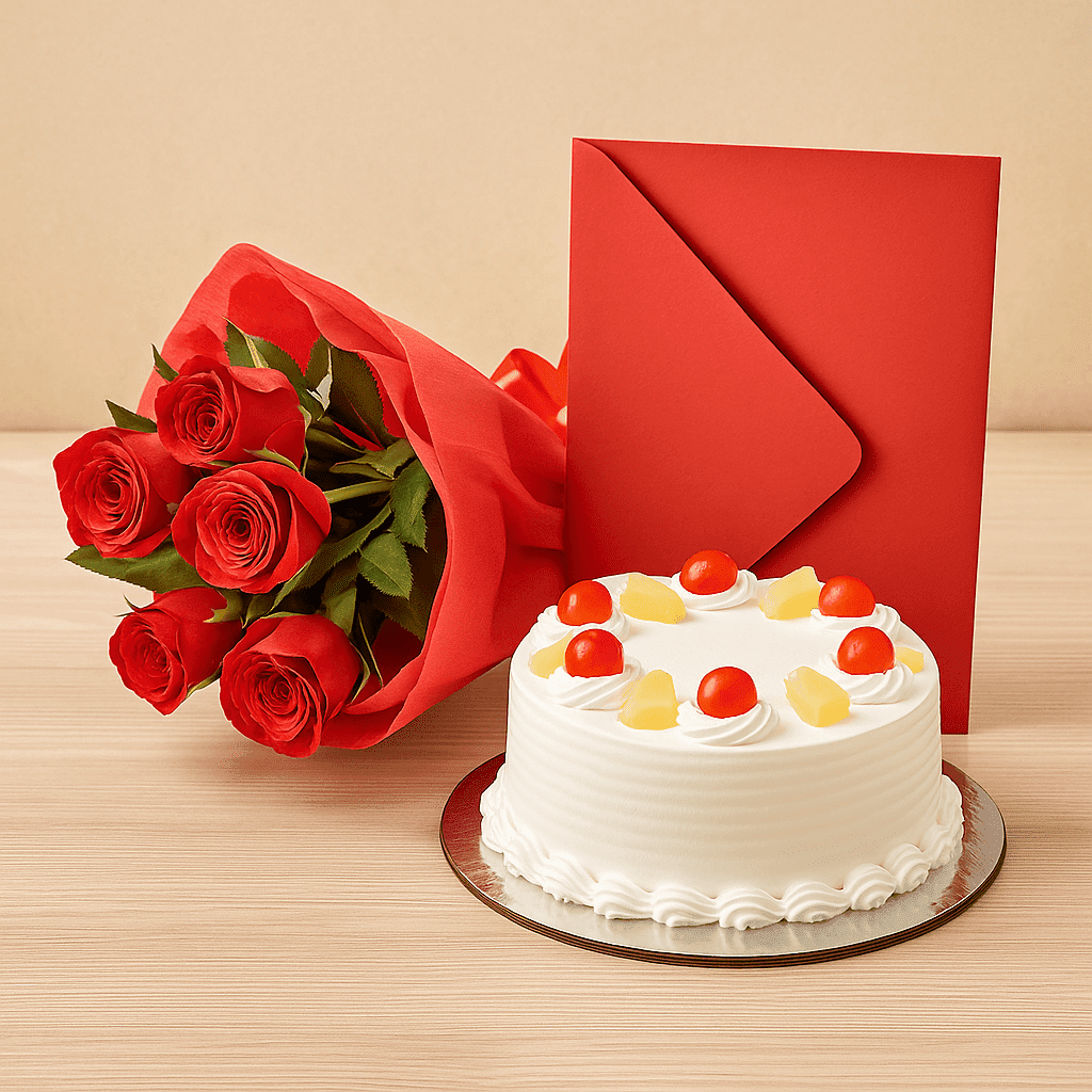 pineapple cake with red roses bouquet and a card