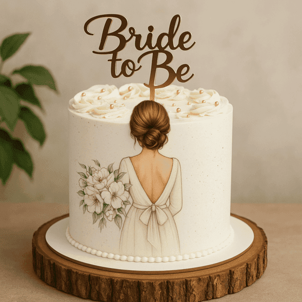 Bride-to-be cake with floral bride illustration and gold topper