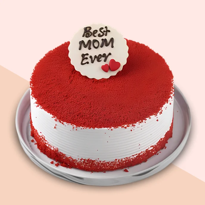 Red velvet Mother’s Day cake with “Best MOM Ever” topper