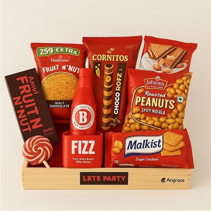 A Father’s Day snack hamper with chips, chocolate, lollipop, and juice arranged in a wooden tray labeled "Let’s Party" – a perfect gift for dad.