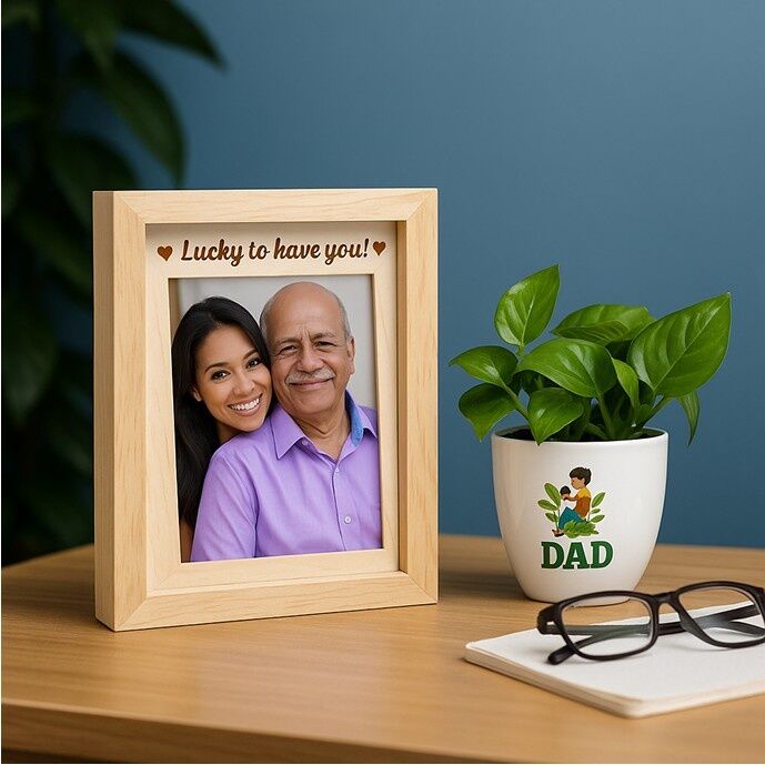 Personalized Evergreen Bond Dad Gift with photo frame and indoor plant in a DAD mug – perfect for Father’s Day.