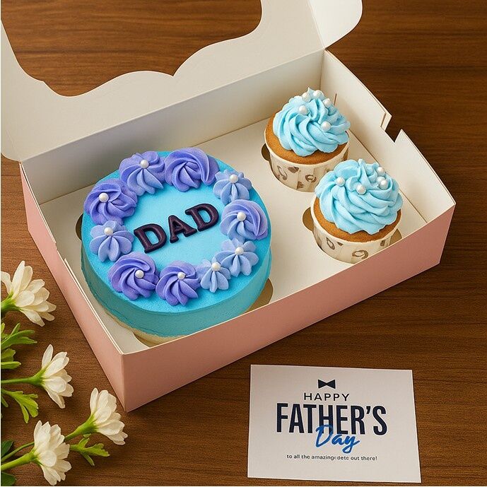 Open box with blue-themed "Dad" mini cake and cupcakes for Father’s Day gift set