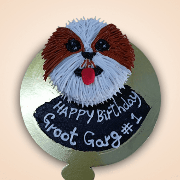 3D dog face birthday cake custom message written on the base, perfect for pet celebrations.