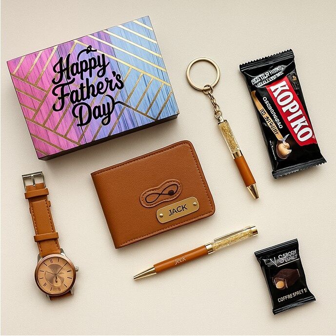Father’s Day gift hamper with personalized brown wallet, watch, pen, keychain, chocolates, and designer box labeled Happy Father’s Day