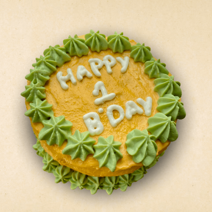 Green and orange birthday cake for dogs with custom message in white frosting and decorated with green swirls.