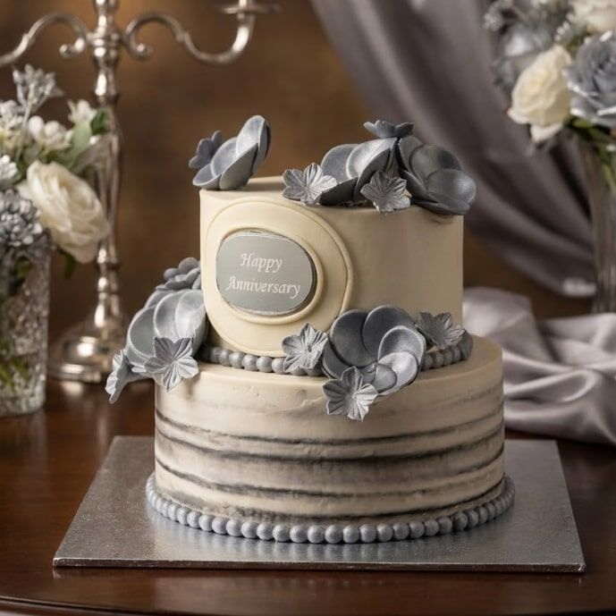 two tier silver floral anniversary cake