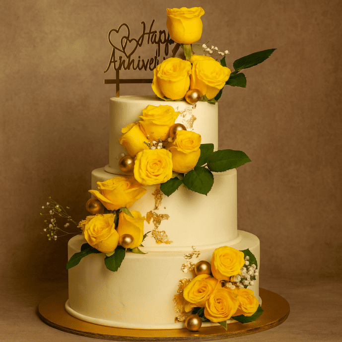 yellow rose three tier anniversary cake