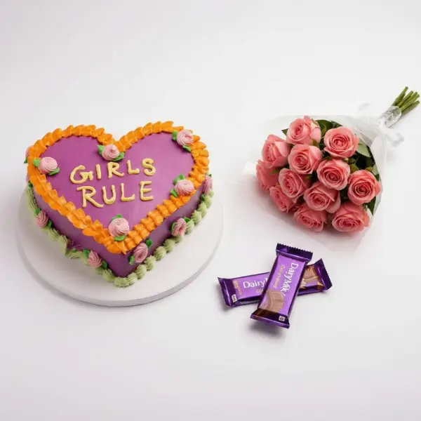 girl rule heart cake with bouquet and chocolates