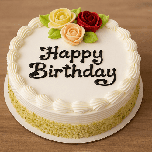 White birthday cake with rose frosting toppers