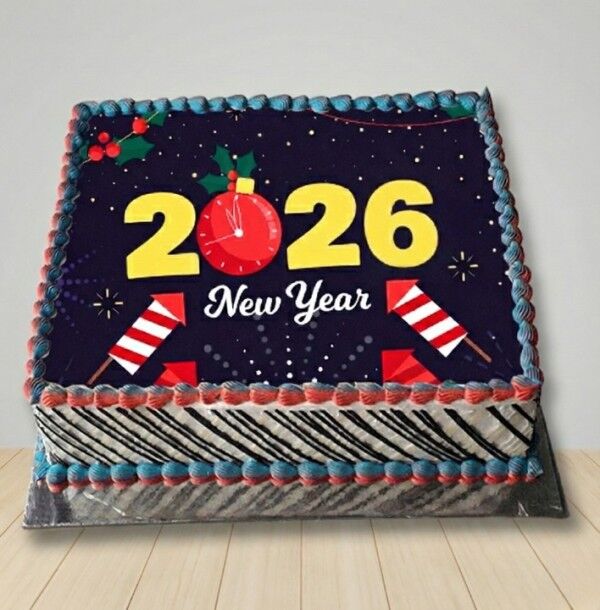 festive new year 2026 printed cake