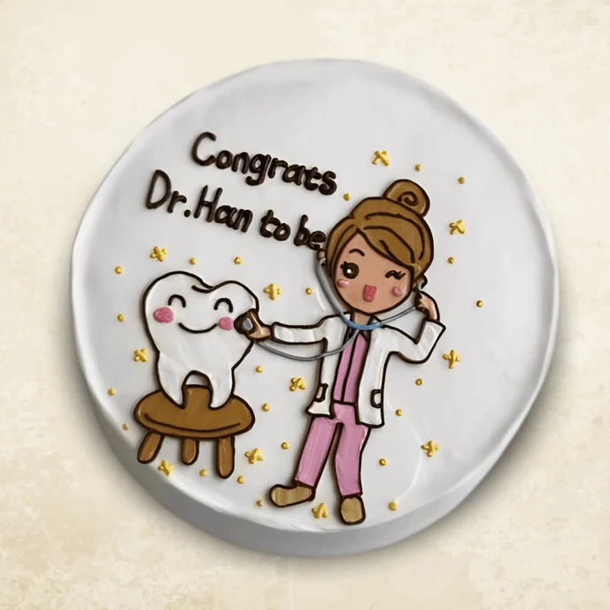 White cake with a stethoscope, pills, and bandages, celebrating a future dentist