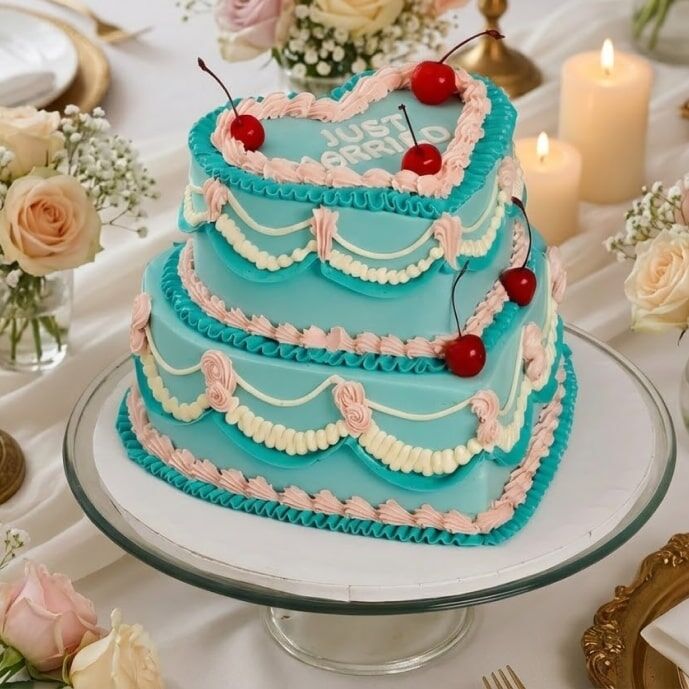 2 tier heart shaped just married cake