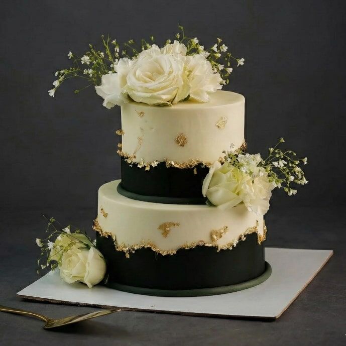 black and white floral wedding cake