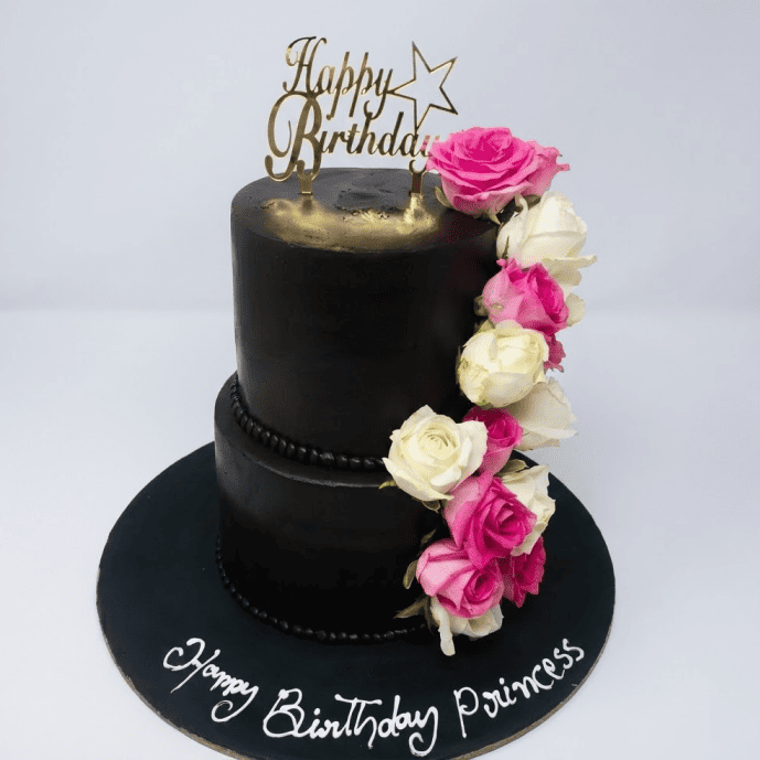 2 tier black floral birthday cake