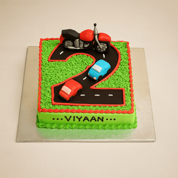 car and bike theme 2nd birthday cake
