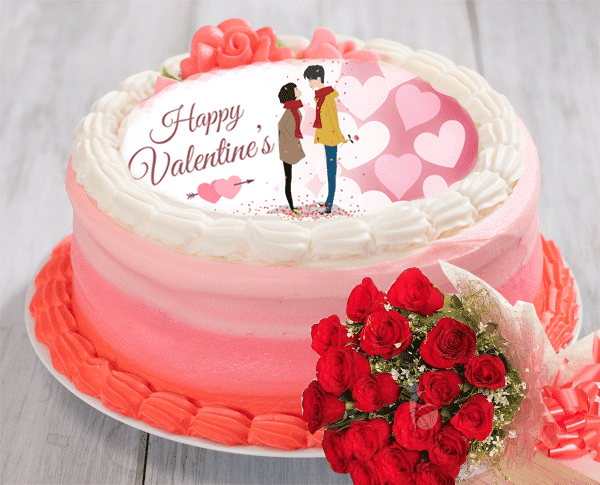 valentine day cake with flower bouquet