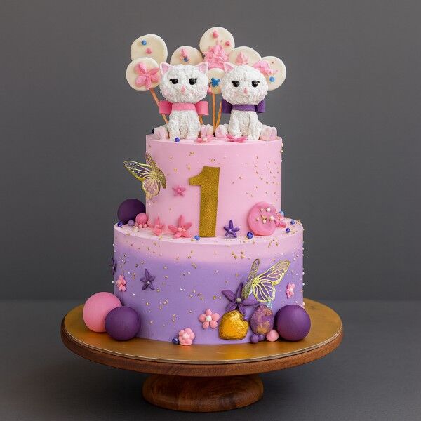 kitten theme first birthday cake