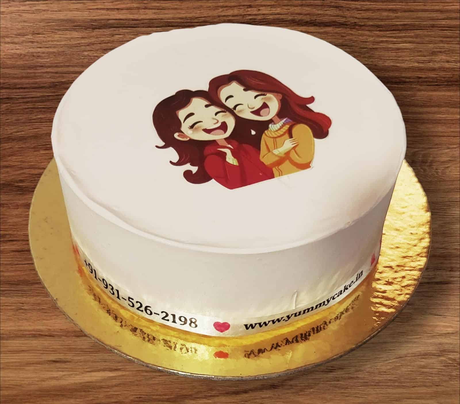 laughing and hugging cake