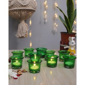 Green Glass Tea Light Candle Holder, Set of 10