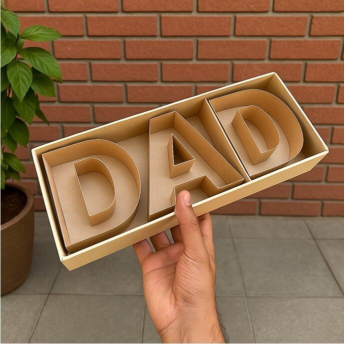 D-A-D letter shaped golden gift box perfect for Father’s Day treats or chocolates, held in hand against brick wall background