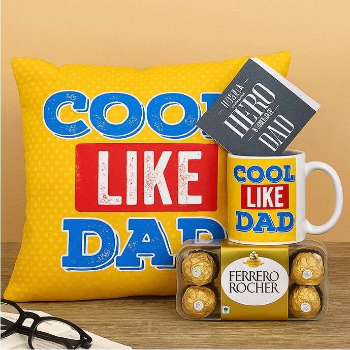 Father's Day gift hamper featuring a “Cool Like Dad” printed cushion, matching mug, greeting card, and Ferrero Rocher chocolates, perfect for stylish dads.