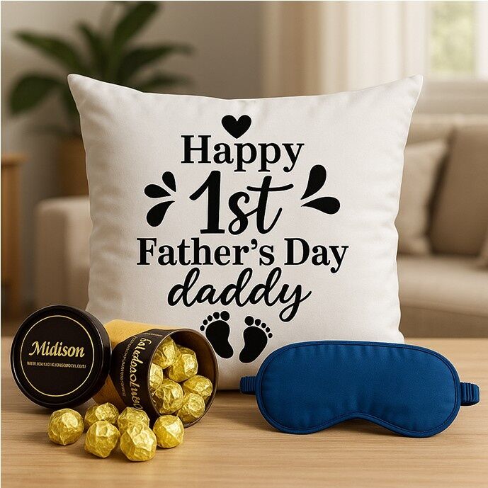 Happy 1st Father’s Day gift set with printed cushion, gold-wrapped chocolates, and sleep mask — ideal gift combo for new dads from YummyCake.