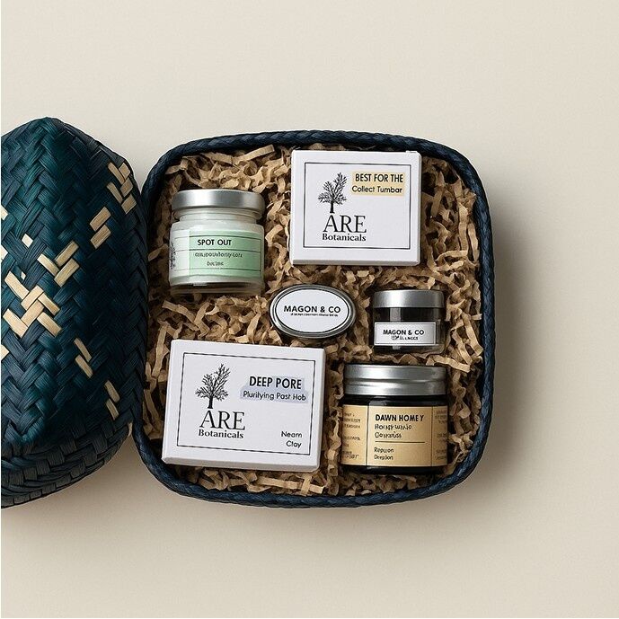 Flatlay of an organic skincare gift box for dad, featuring herbal creams, clay mask, balm, and essential grooming items in a natural wicker basket.