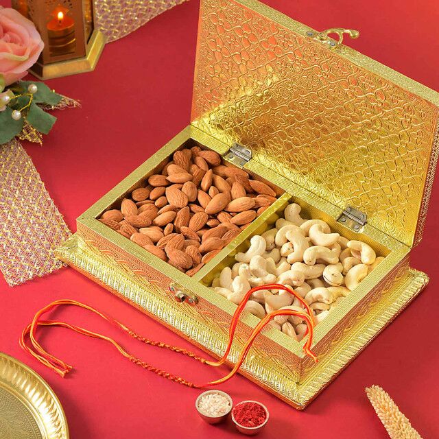 Golden Rakhi Gift Box with Almonds & Cashews