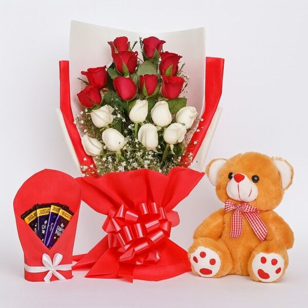 Cute Red roses, teddy and chocolate Combo