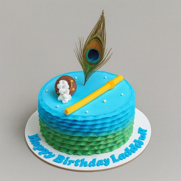 Cake with Flute & Peacock Feather for Janmashtami