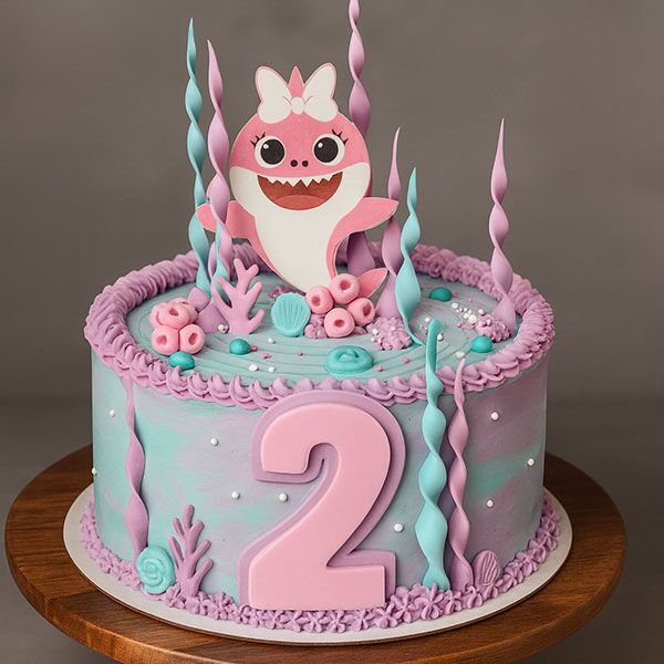 pink baby shark 2nd birthday cake