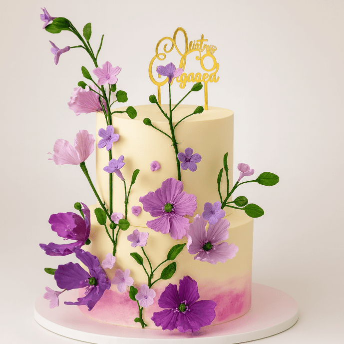 lavender floral engagement cake