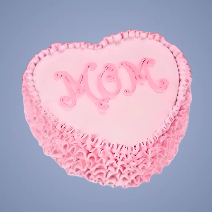 Heart-shaped pink Mother’s Day cake with “MOM” written in decorative icing