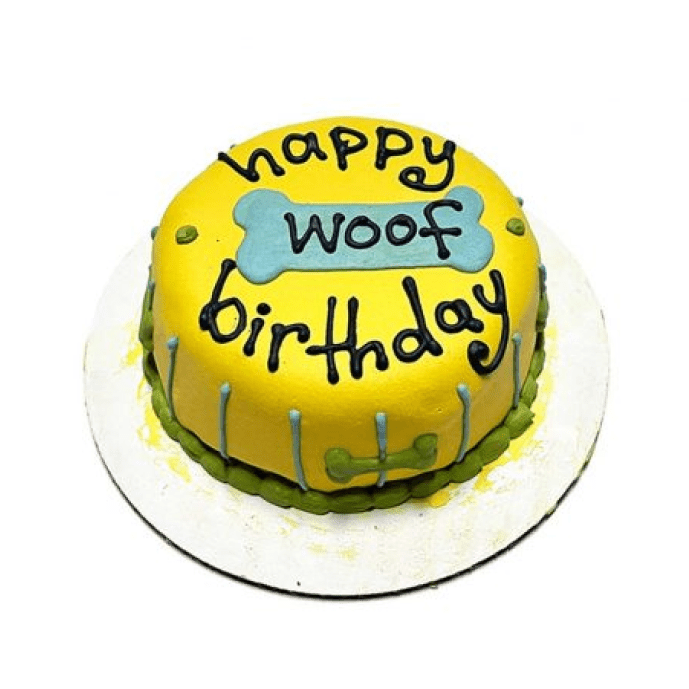 Yellow round Woof Birthday Cake for dogs with bone design and blue icing