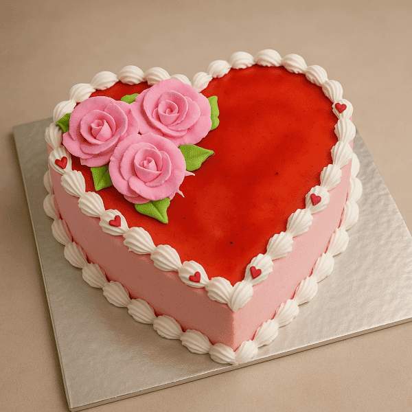 heart shaped cake with whipped cream flowers