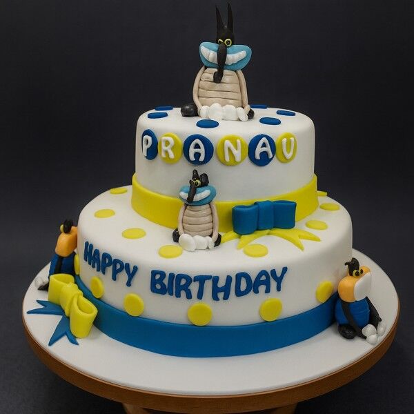 2 tier oggy and cockroaches birthday cake