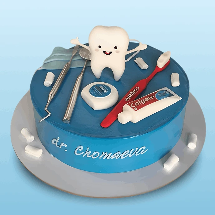 Blue dental theme cake with a cute tooth character, dental tools, and toothpaste.
