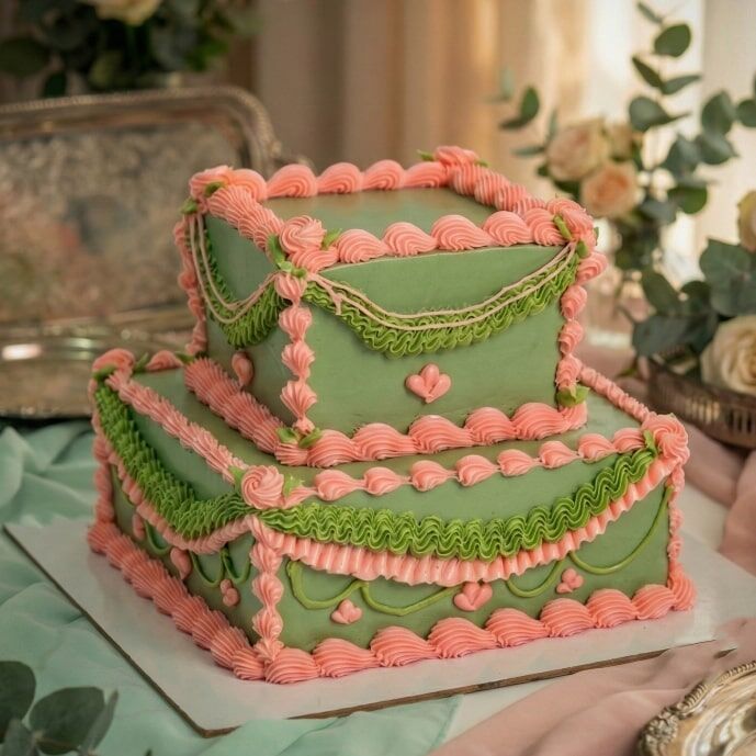 green and pink square vintage wedding cake