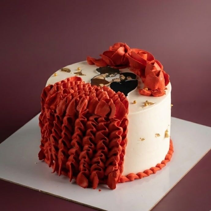 love theme cake with red ruffles