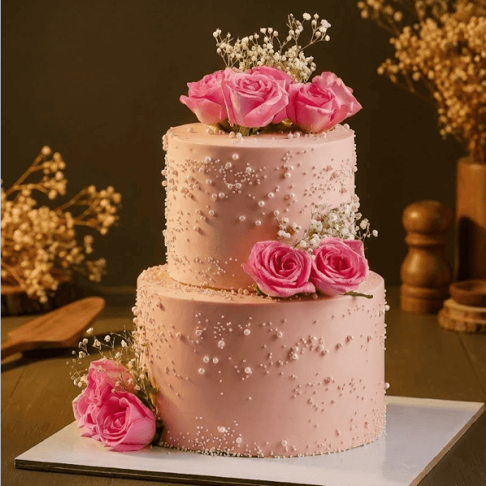 floral peach rose wedding cake