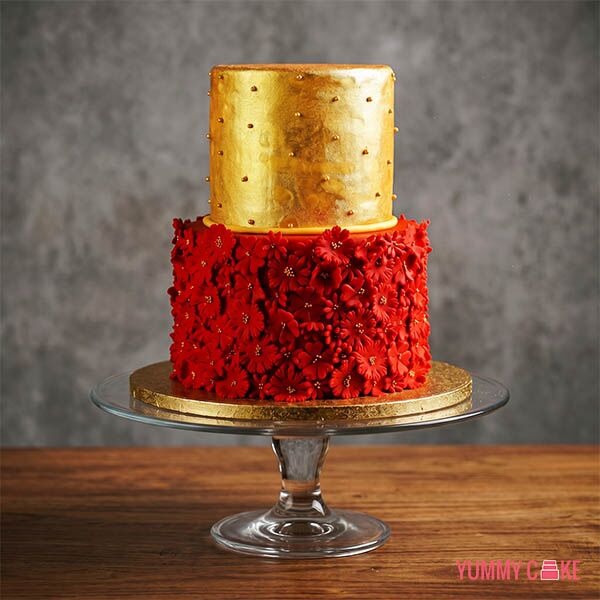 2 Tier Red and Gold Floral Wedding Cake