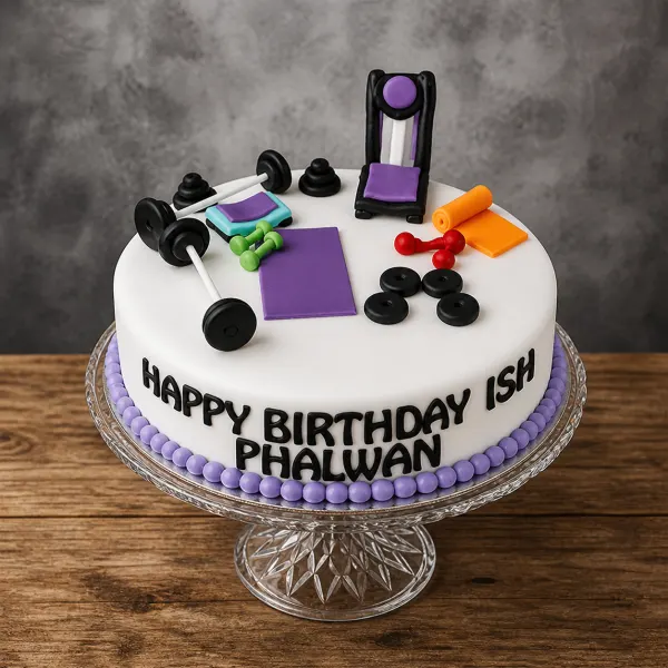 White fitness cake with a purple beaded border, featuring a fondant weight bench, gym mats, and barbells.