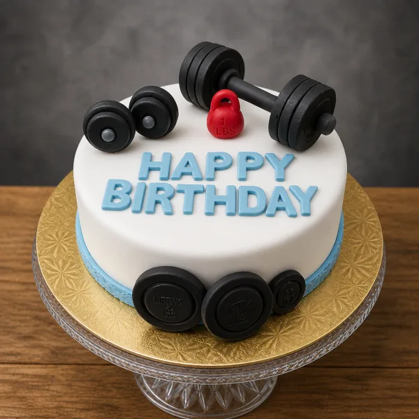 White cake with blue Happy Birthday letters, a red kettlebell, and fondant weight training equipment.