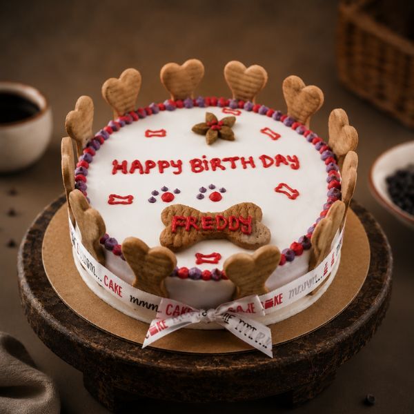 bone love celebration cake with dog biscuit