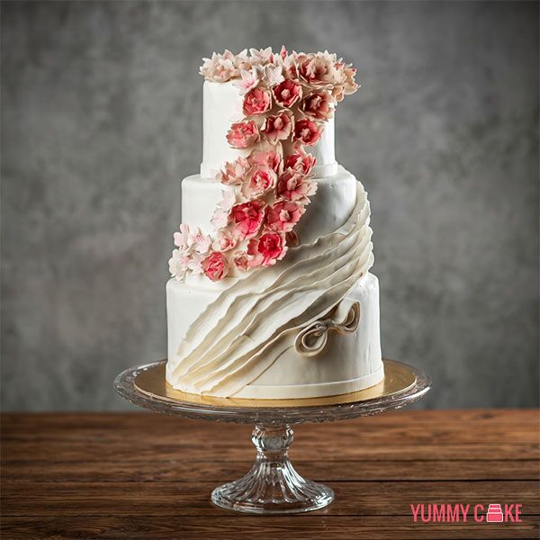 Three Tier White Wedding Cake with Flowers