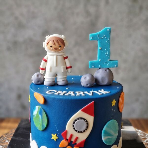astronaut & rocket theme 1st birthday cake front view