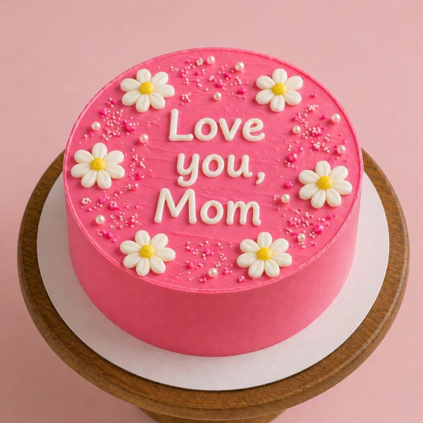 Pink minimalist cake with "Love you, Mom" text and daisy flowers